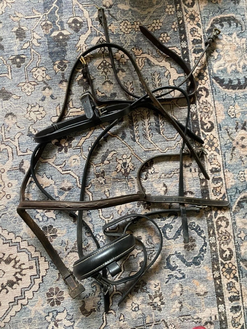 Black Leather Horse Bridle parts with 2 Nosebands